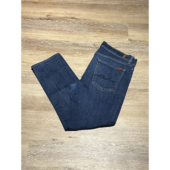 7 for all Mankind Women's Slimmy Denim Jeans 34 Dark Wash Distressed Red Tag EUC - Picture 1 of 9